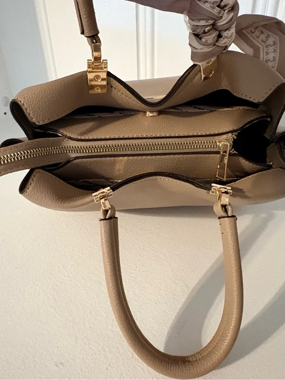 Structured Taupe Satchel Handbag with Scarf Accent by